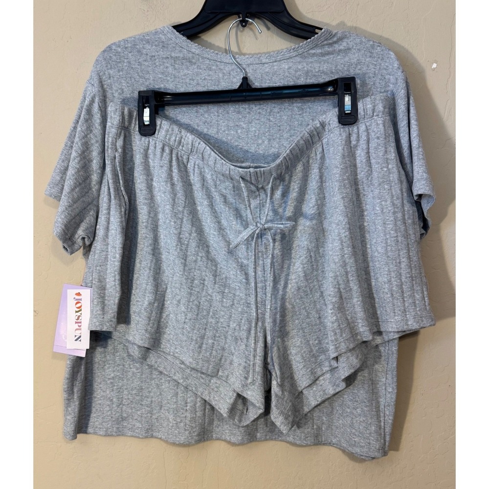 JoySpun Pajama Set Women XL Gray Ribbed Shirt & Shorts Cozy Lounge NEW